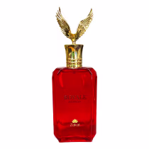 Frasco de perfume Royale da marca Zakat, com tampa dourada em formato de águia e corpo de vidro vermelho, exibindo o nome da marca em relevo.