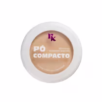 A imagem mostra uma embalagem de pó compacto branca, redonda, com a logo da marca 'RK' em roxo e nome do produto branco em destaque.