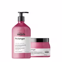 A imagem mostra um kit de L'Oréal Professionnel, linha Expert Pro Longer, sendo um shampoo e um pote redondo de máscara. Todos possuem a cor rosa escuro e tampa na cor preta.