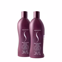 Dois frascos de shampoo Senscience True Hue Violet, com embalagens de plástico de cor roxa escura, contendo 280 ml cada. Os rótulos exibem o nome da marca e a descrição do produto como shampoo para cabelos loiros ou grisalhos.