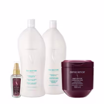Produtos Senscience: shampoo e condicionador Silk Moisture, um sérum True Hue Color, e um pote de máscara Inner Restore Moisturizing