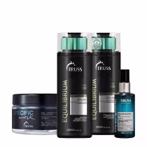 Conjunto de produtos de cabelo da marca Truss, incluindo shampoo, condicionador e óleo reconstrutor, em embalagens pretas e verdes com rótulos e logotipos da marca. Também há uma máscara facial específica da Truss na imagem.