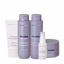 Conjunto de produtos Braé para tratamento de cabelos loiros, incluindo shampoo, condicionador, máscara capilar e creme finalizador, em embalagens de plástico de tons roxos e brancos.