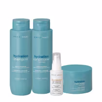 Conjunto de produtos de hidratação da marca Braé, incluindo shampoo, condicionador, óleo de tratamento e máscara capilar, em embalagens de plástico de cor azul-turquesa.