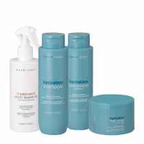 Conjunto de produtos da marca Braé, incluindo shampoo, condicionador, máscara capilar Stages Hydration e tratamento leave-in Stages Treatment, em embalagens de plástico azul-esverdeado com rótulos brancos.