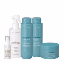 Conjunto de produtos da marca Braé, incluindo shampoo, condicionador, máscara Stages Hydration e tratamento leave-in e óleo Stages Treatment, em embalagens de plástico com cores azul e branca.