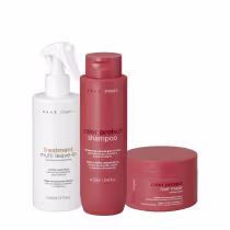 Conjunto de produtos Braé stages, incluindo um frasco branco de tratamento multi leave-in, um frasco vermelho de shampoo color protect e um pote vermelho de máscara color protect, com rótulos e embalagens em cores predominantes branca e vermelha.