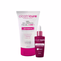 O produto Cicatricure Porcelana consiste em um gel de limpeza facial 3 em 1 antimarcas, em embalagem branca e rosa, e um peeling facial antimarcas em frasco rosa, ambos com rótulos destacando seus benefícios.