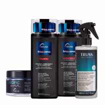 Produtos da linha Truss Frizz Zero, incluindo shampoo, condicionador e spray reconstrutor capilar, em embalagens plásticas pretas e azuis com rótulos e logotipos da marca.