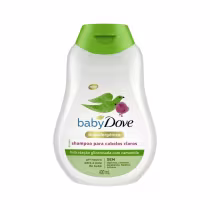 Frasco de shampoo Baby Dove com 400 ml, embalagem branca e verde, com imagem de pássaro e texto indicando ser um produto hipoalergênico para cabelos claros, com hidratação glicerinada com camomila.