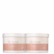 Dois potes de máscara da linha Fusion da Wella Professionals, com embalagem branca e laranja, contendo 500 ml cada. Os rótulos exibem o nome da linha e o tipo de produto.