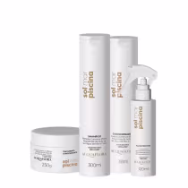 Produtos Acquaflora: shampoo, condicionador, máscara e leave-in da linha Sol Mar Piscina.
