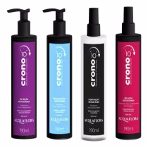 Quatro frascos de produtos Acquaflora da linha Crono 10: nutrição instantânea, hidratação instantânea, selagem instantânea e condicionamento ultra.