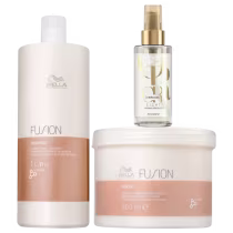 Produtos Wella Professionals: Shampoo Fusion de 1L, Óleo Refletivo Light de 100ml e Máscara Fusion de 500ml, em embalagens brancas e douradas com logotipo da marca.