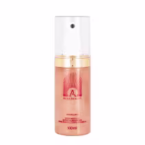Frasco de spray corporal Aura Beauty Venus Love, com embalagem de vidro transparente e detalhes em dourado e laranja, contendo 100ml do produto.