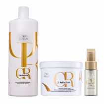 Produtos de tratamento capilar da linha Oil Reflections da Wella Professionals. Inclui um shampoo, uma máscara e um óleo capilar.