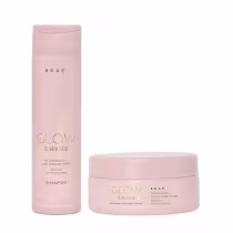 O conjunto de produtos Braé Glow Shine inclui um frasco de shampoo rosa e um pote de máscara capilar rosa, ambos com rótulos destacando os benefícios de nutrição e brilho radiante.