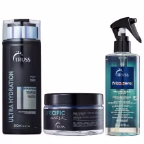 Três produtos da marca TRUSS: shampoo em frasco preto, máscara de tratamento em pote preto e spray líquido em frasco azul, todos com embalagens e rótulos característicos da marca.