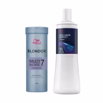 O produto Blondor Multi Blonde 7 da Wella Professionals é um pó clareador em embalagem azul, enquanto o Welloxon Perfect é um creme revelador em embalagem branca e azul escuro da mesma marca.