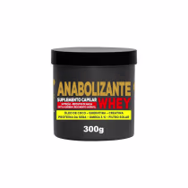 Suplemento capilar Anabolizante Whey em embalagem preta com rótulo amarelo destacando ingredientes como óleo de coco, queratina, creatina e proteína da seda. Recipiente com 300g do produto.
