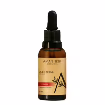 A imagem mostra um vidro escuro de 30ml de óleo resina com rótulo de cor parda e tampa preta com conta-gotas.