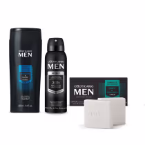 Três produtos para cuidado masculino: Shampoo e Condicionador 2 em 1 Men em embalagem preta, dois sabonetes em barra Men em embalagens individuais pretas e um desodorante aerossol para os pés Men em embalagem preta com detalhes em laranja.