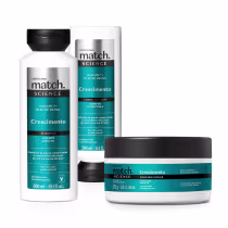 A imagem mostra produtos da linha Match Science para crescimento capilar. O primeiro é um shampoo em uma embalagem de 300ml. O segundo é um condicionador de 280ml. O terceiro é uma máscara capilar de 200g.