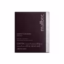 O produto apresentado é um sabonete em barra da marca Malbec. A embalagem é de cor marrom escura, com um padrão de textura em relevo. A embalagem também indica que o produto contém 4 unidades de 80g cada.