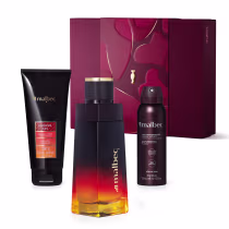 Kit de produtos Malbec, incluindo um frasco da fragrância com design moderno em tons de vermelho e laranja, um desodorante em embalagem preta e uma embalagem marrom contendo um gel de banho.