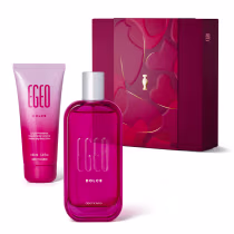 Kit de produtos da linha Egeo Dolce, incluindo um frasco de desodorante colônia rosa e um tubo de loção corporal hidratante rosa, acondicionados em uma caixa vermelha com detalhes em dourado.