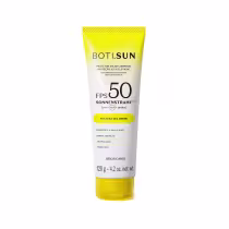 Protetor solar corporal de proteção alta (FPS 50) da marca Boti Sun. Embalagem em tubo plástico amarelo com detalhes em branco. Peso líquido de 120g.Contém proteção UVB, UVA e antioxidante. Rótulo com informações do produto em português.
