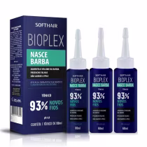 Caixa e frascos de tônico capilar Softhair Bioplex Nasce Barba, com 93% de novos fios. Produto promete aumentar o volume da barba, preencher falhas e não agredir a pele. Embalagem em tons de azul e branco.