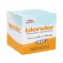 Caixa de pó descolorante Blondor da Wella Professionals, com embalagem em tons de azul, laranja e branco. Contém informações sobre a fórmula com camomila e mel.