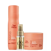Kit com shampoo e máscara Nutri-Enrich, além de um óleo capilar Oil Reflections, da marca Wella Professionals.
