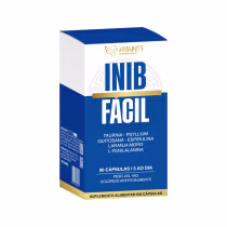 Caixa azul e branca da Avanti Supplements contendo o suplemento alimentar "INIB FACIL", com ingredientes como taurina, psyllium, quitosana e espirulina.