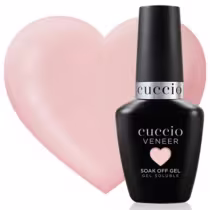 Esmalte em gel. O frasco é preto com o nome da marca "Cuccio". Abaixo, há o texto "Veneer" também em letras brancas. O produto é um gel de unhas que pode ser removido com facilidade, conforme indicado pelo texto "Soak Off Gel" na embalagem.