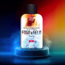 Óleo para massagem corporal da linha "Sexy Hot", com a denominação "Fogo & Gelo" e sabor "Eucalyptus". A embalagem é um frasco plástico preto com rótulo branco e vermelho, contendo 38ml do produto.