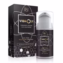 Vibrador líquido da marca Sexy Hot, com o nome "Vibr-ou!" impresso na embalagem. O produto é descrito como um gel para massagem corporal, com sabor de mel e que atua como um intensificador de prazer.