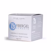 O produto em si é um gel de 28g, destinado a aplicações em unhas. A embalagem é uma caixa branca com detalhes em azul claro, contendo informações sobre o produto, como a tecnologia "European T3" e os benefícios.