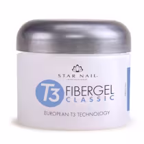 O produto em si é um gel de 28g, destinado a aplicações em unhas. A embalagem é uma caixa branca com detalhes em azul claro, contendo informações sobre o produto, como a tecnologia "European T3" e os benefícios.