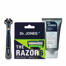 A imagem mostra um aparelho de barbear azul com lâminas expostas, uma embalagem verde e azul contendo quatro cargas para o aparelho, e um tubo cinza de gel pós-barba.