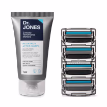 A imagem mostra produtos para barbear da marca Dr. Jones. Inclui um gel pós-barba de 75ml e quatro cartuchos de lâminas de barbear.
