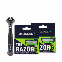 Kit com cabo e lâminas de barbear The Razor 6, da marca Dr. Jones.