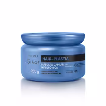 Pote azul com rótulo "Hair-plastia Máscara Capilar Hialurônica" da marca Siàge, contendo 250g do produto. O rótulo destaca a tecnologia 4D Affinity e a presença de ácido hialurônico na fórmula.