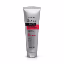 Frasco de shampoo Siàge Men, com embalagem prateada e detalhes em vermelho. Rótulo indica "Estimula o crescimento" e "4x menos queda". Produto voltado para cuidados capilares masculinos.
