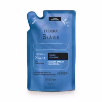 Embalagem flexível em plástico azul. Rótulo com Siàge Hair-Plastia Máscara Capilar Hialurônica em destaque com letras brancas. Logotipo da marca Eudora no centro superior da embalagem do refil.