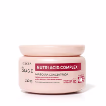 Pote redondo de máscara capilar Nutri Acid Complex da linha Siàge, com 250g, embalagem rosa clara e rótulo vermelho destacando os benefícios do produto para cabelos ressecados e elásticos.