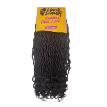 Extensões de cabelo da marca Black Beauty. A embalagem é de cor amarela e contém o texto "Black Beauty Goddess Faux Locs" em letras vermelhas e pretas. O produto contém 300 gramas de extensões de cabelo castanho encaracolado.