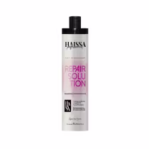 Frasco branco e preto da linha Repair Solution da marca Haissa Profissional, contendo shampoo reconstrutor com colágeno, karité e cupuaçu. Rótulo com nome do produto e informações sobre os benefícios.