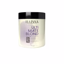 Frasco de 1kg da máscara matizadora Ultimate Blond da linha Haissa Profissional, com rótulo em tons de roxo e branco destacando os benefícios do produto.